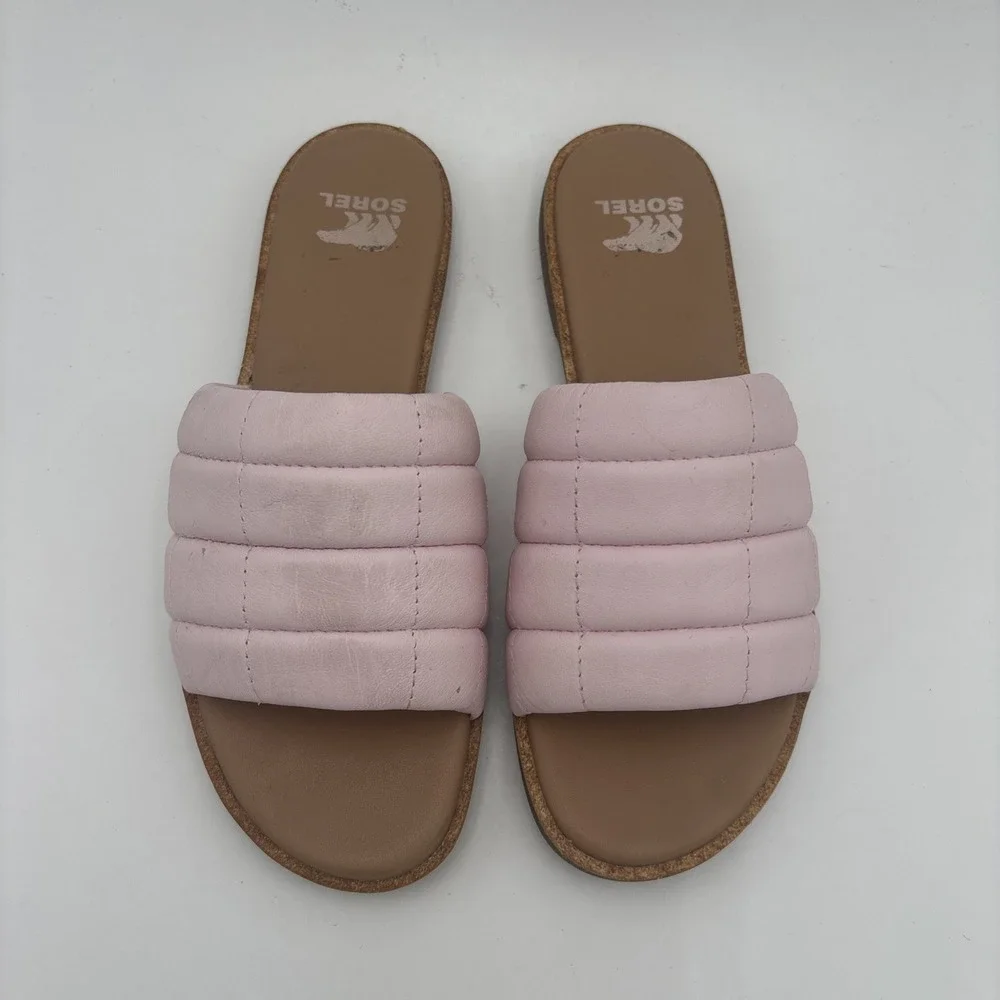 New Sorel Women's Ella III Quilted Puff Slide Pink Leather Sandals Shoes Sz‎ 8